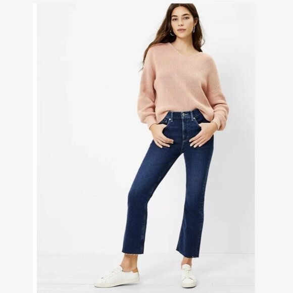 LOFT Kick Flare Crop Raw Hem Cut Off Jeans Ankle Bright Authentic Indigo - Picture 2 of 5